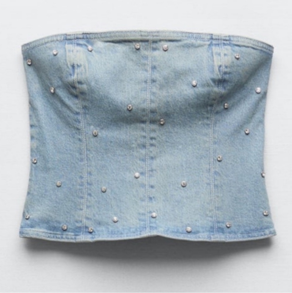 Zara Denim Top Jewel Corset Rhinestone size S - Picture 10 of 12